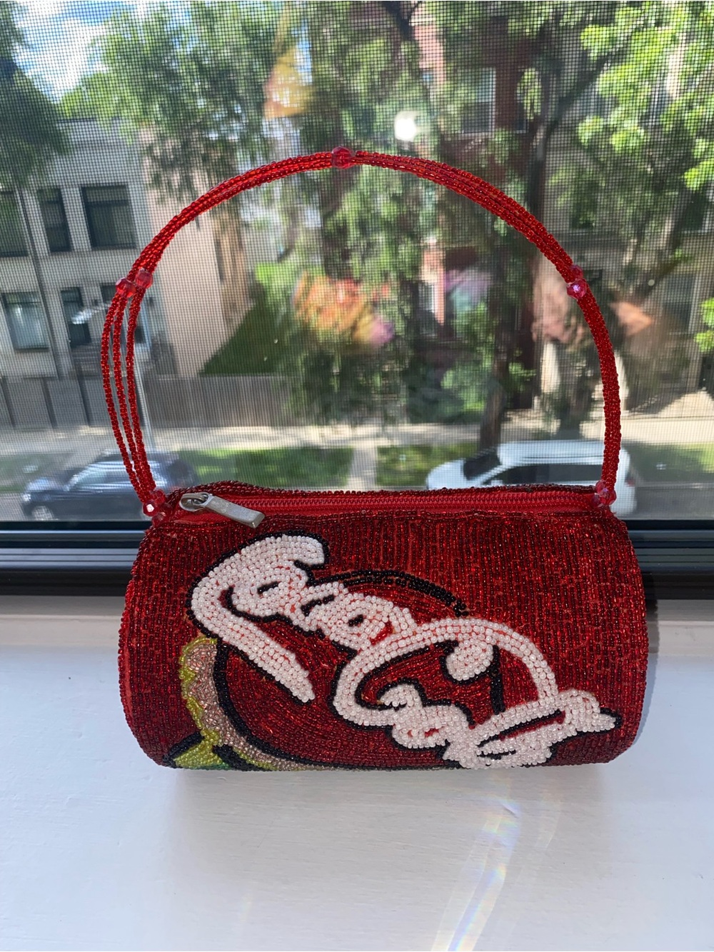 Red Coca Cola Beaded Women's Handbag with Script Detail